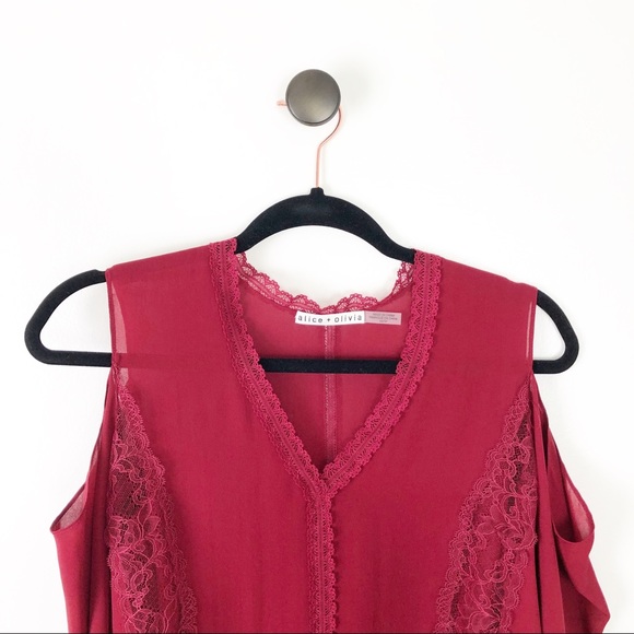 Alice + Olivia Farah Lace Silk Cold Shoulder Top - Picture 5 of 8
